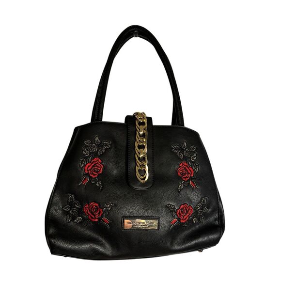 Marc New York (Andrew Marc) Black Handbag With Embroidered Red Roses Gold Hdware - Picture 1 of 10